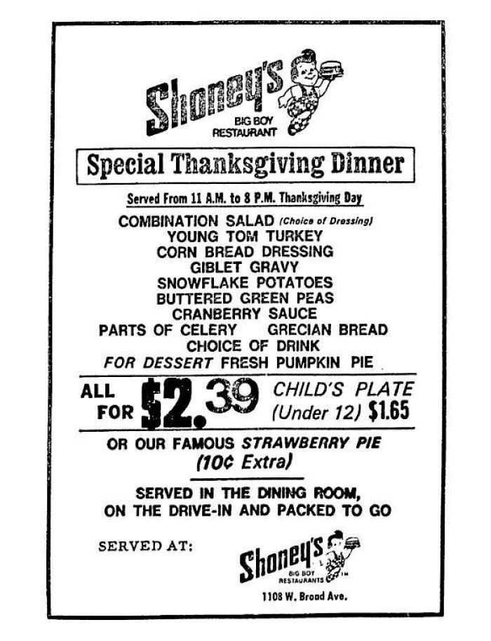 Vintage Thanksgiving ad for Shoney's restaurant promoting a special dinner menu with turkey, sides, and pumpkin pie.