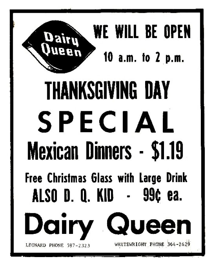 Vintage Thanksgiving ad for Dairy Queen, featuring a special on Mexican dinners for $1.19 and other offers.