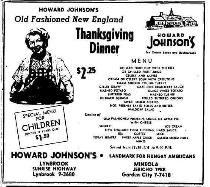 Vintage Thanksgiving ad for Howard Johnson's dinner menu featuring traditional food items and prices.
