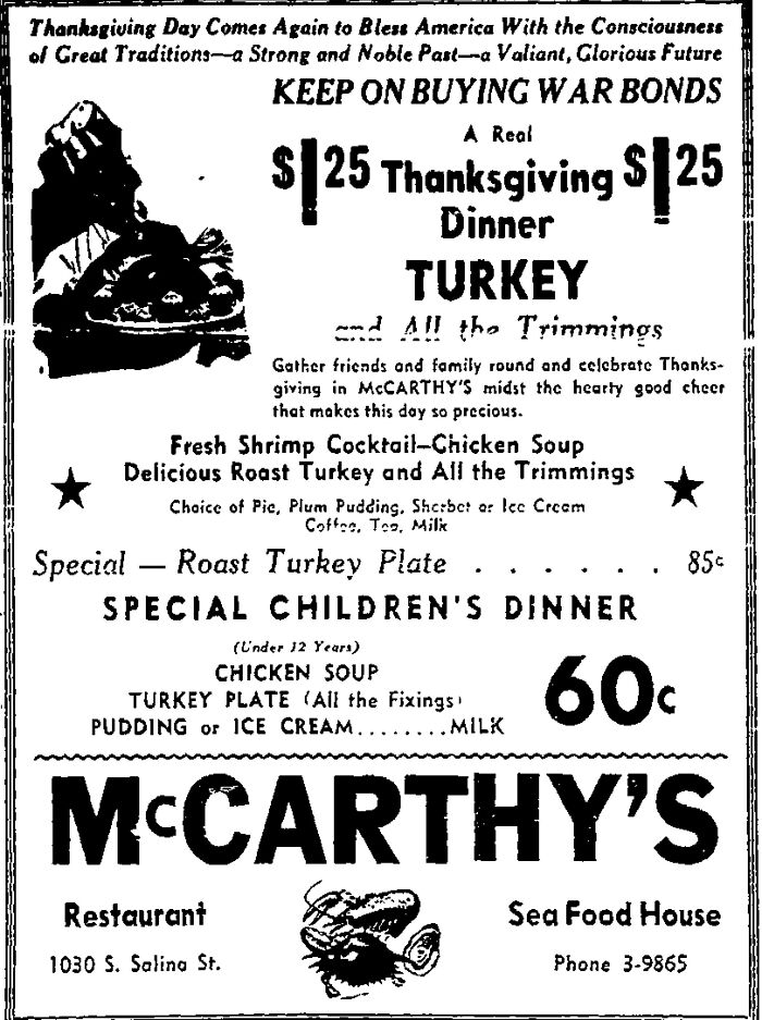 Vintage Thanksgiving ad for McCarthy's, featuring turkey dinner specials and a call to buy war bonds.