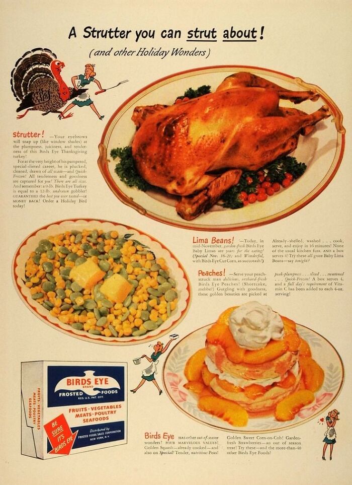 Vintage Thanksgiving ad featuring a roasted turkey, lima beans, peaches, and Birds Eye box with retro illustrations.