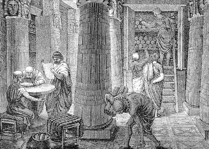 Ancient scholars in a library, a scene depicting the unexplainable mystery of lost knowledge.