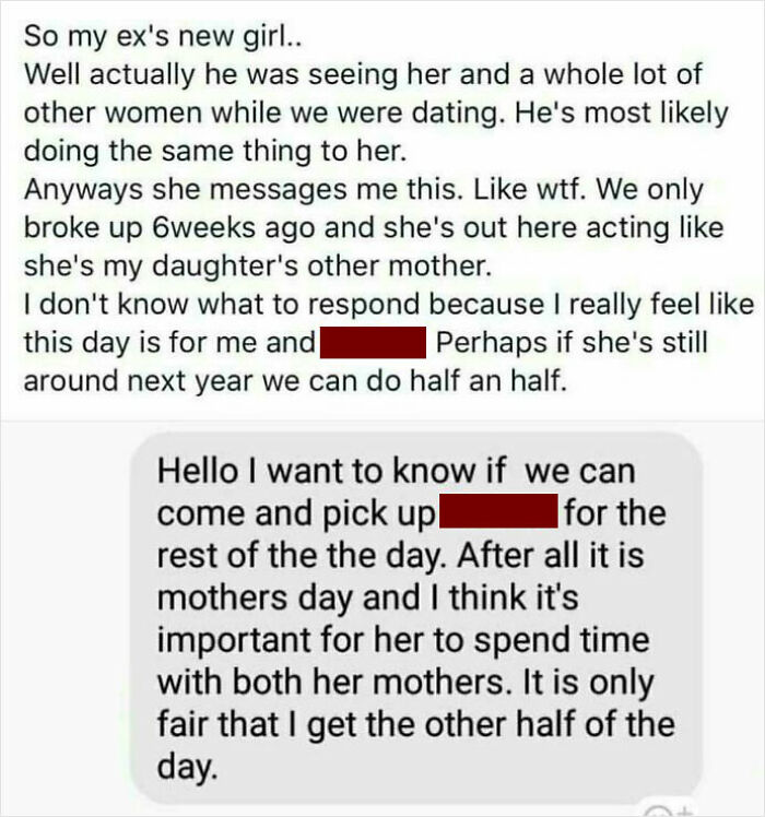 Text conversation highlighting entitled people requests about Mother's Day plans.