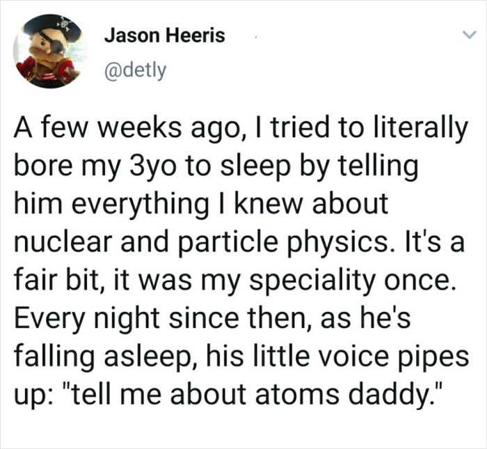 Wholesome tweet about a father discussing atom physics with his 3-year-old before bedtime.