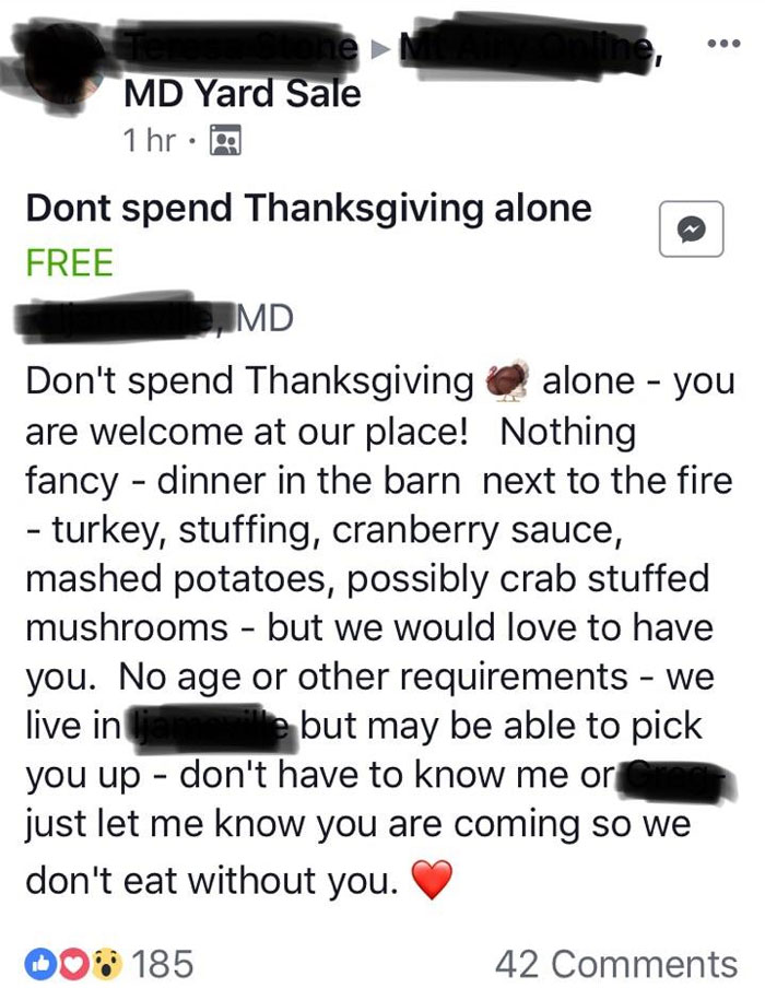Community post inviting people to a Thanksgiving dinner, offering turkey and sides, and ensuring no one is alone.