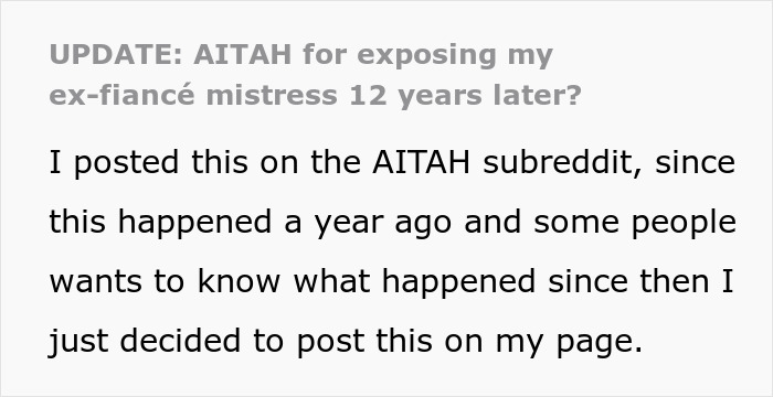 Text discussing woman exposing mistress's past on Reddit 12 years after infidelity.