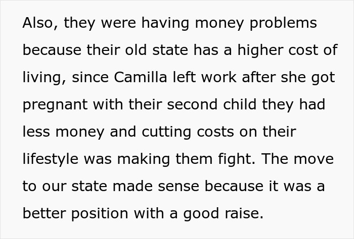 Text reveals details about financial struggles and lifestyle changes due to h**h cost of living and job relocation.