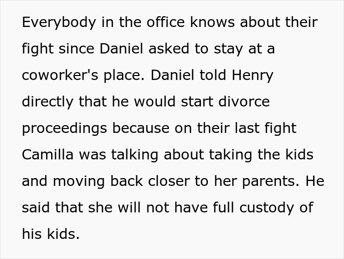 Text about office gossip regarding Daniel's divorce and custody issues.