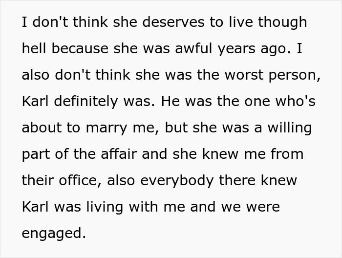 Text about a woman's past affair being exposed, involving her and her former fianc&eacute; Karl.