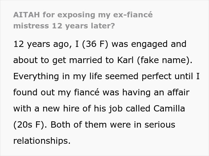 Woman exposes mistress&rsquo;s past 12 years after being cheated on, text overlay describing affair and relationships.