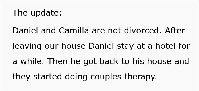 "The update about a woman exposing a mistress's past; Daniel and Camilla attend couples therapy after staying at a hotel.