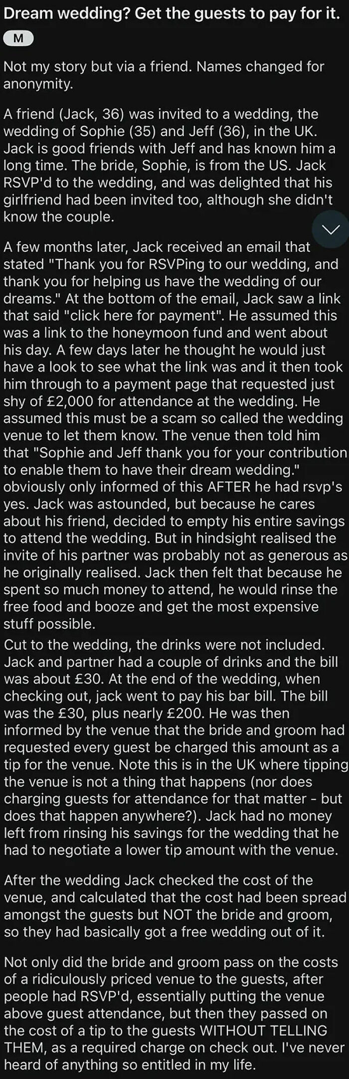 Text screenshot about an entitled wedding request, highlighting guest payment for attendance and unexpected tipping.