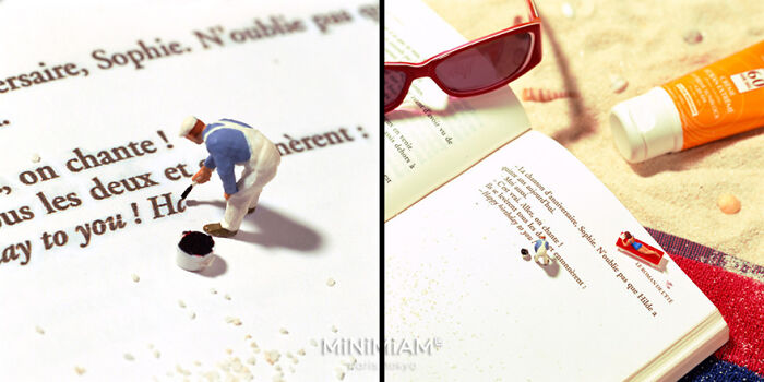 Miniatures of a painter on a page and a beach scene with sunglasses and lotion tube on a book in a creative duo's tiny world.