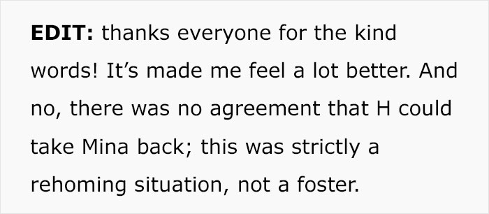 Text explaining a cat rehoming, clarifying there's no agreement for its return. Text explaining a cat rehoming, clarifying there's no agreement for its return.