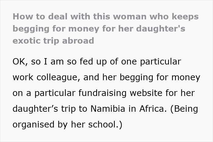 Text about a woman seeking money for her daughter's exotic trip to Namibia, organized by her school.