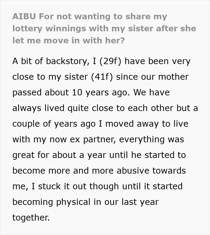 Text discussing "sister refuses to share lottery winnings" scenario and family dynamics. Text discussing "sister refuses to share lottery winnings" scenario and family dynamics.