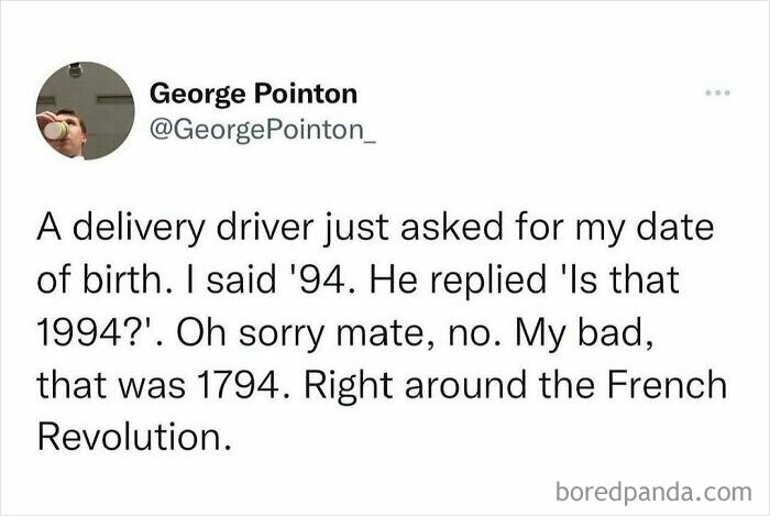 Twitter post humorously highlighting a misunderstanding about a birth year from a delivery driver.
