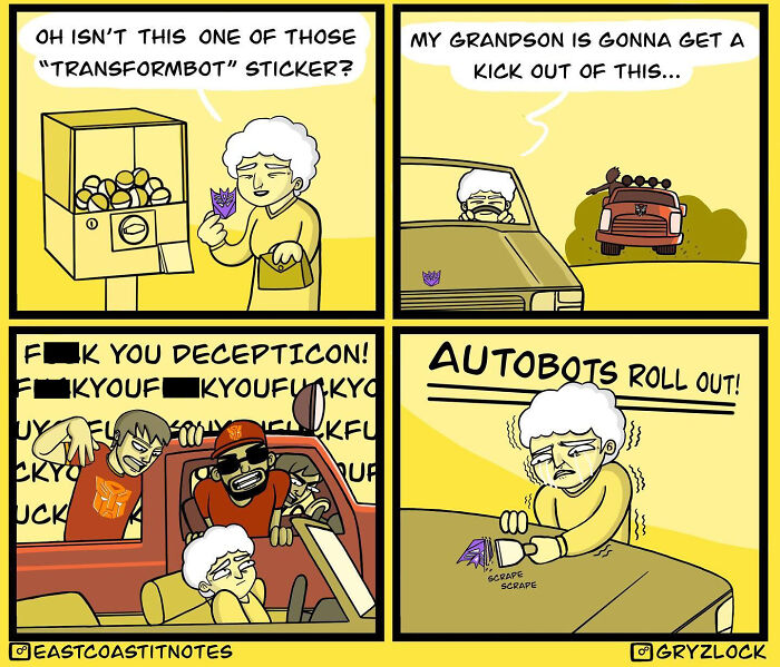 Quirky comic strip showing a grandmother's prank gone wrong with a fake "Transformbot" sticker on a car.
