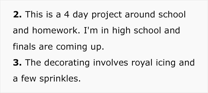 Text detailing a school project and cookie decorating with royal icing and sprinkles, related to daughter charging for cookies. Text detailing a school project and cookie decorating with royal icing and sprinkles, related to daughter charging for cookies.