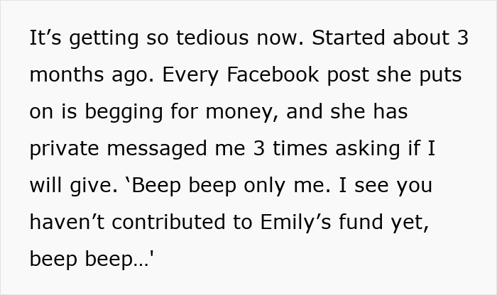 Text about a woman persistently asking for money for her daughters' exotic trip fund.