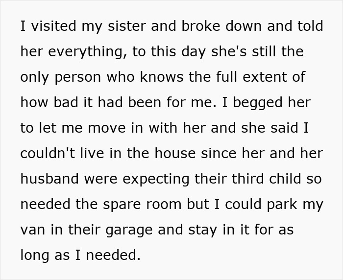 Text excerpt about a sister refusing to share her home, discussing housing and personal struggles. Text excerpt about a sister refusing to share her home, discussing housing and personal struggles.