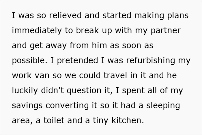 Text message sharing a personal story about leaving a partner and converting a van for travel. Text message sharing a personal story about leaving a partner and converting a van for travel.