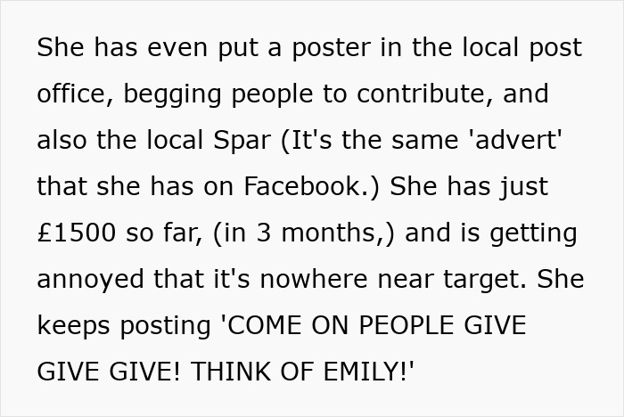 Woman seeking donations for daughter's exotic trip; poster in local post office and Spar, urging contributions.