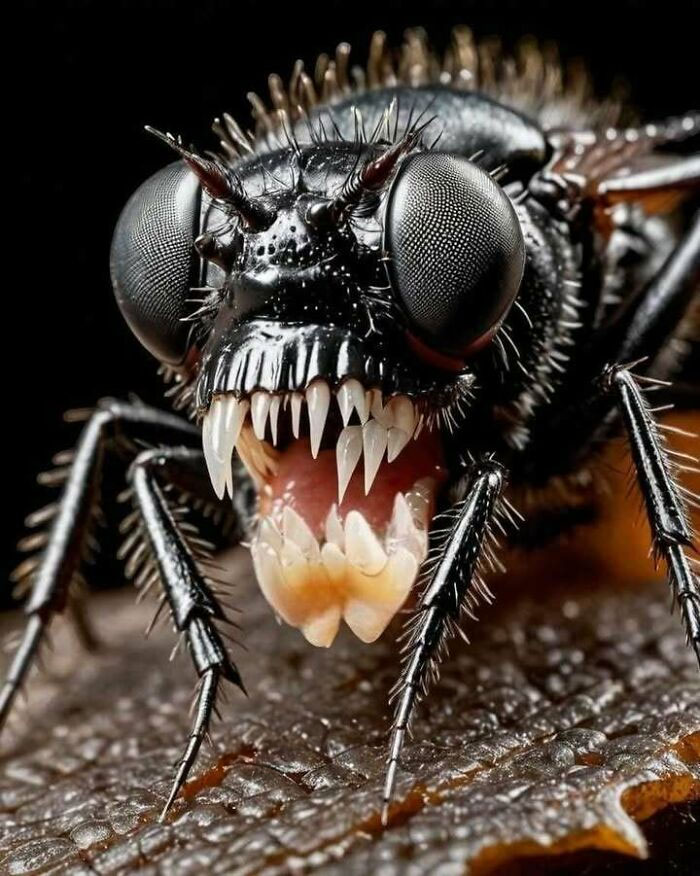 Close-up of a menacing black insect with large eyes and sharp fangs, capturing the quirky essence of Scotland.