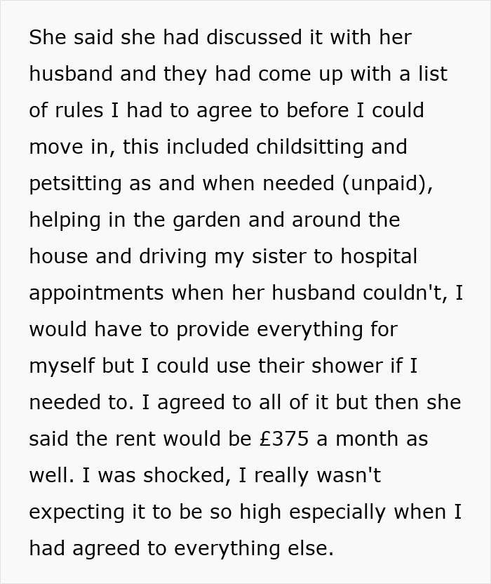 Text detailing conditions for living arrangements, highlighting sister's refusal to share lottery winnings. Text detailing conditions for living arrangements, highlighting sister's refusal to share lottery winnings.