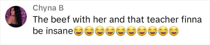 Text comment discussing a situation between a teacher and a parent, using multiple laughing emojis. Text comment discussing a situation between a teacher and a parent, using multiple laughing emojis.