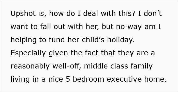 Text snippet about a woman asked to fund a daughter's exotic trip despite the family's middle-class status.