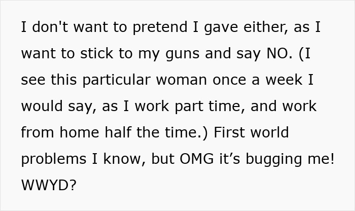 Text screenshot discussing woman's dilemma over refusing money for daughter's trip.