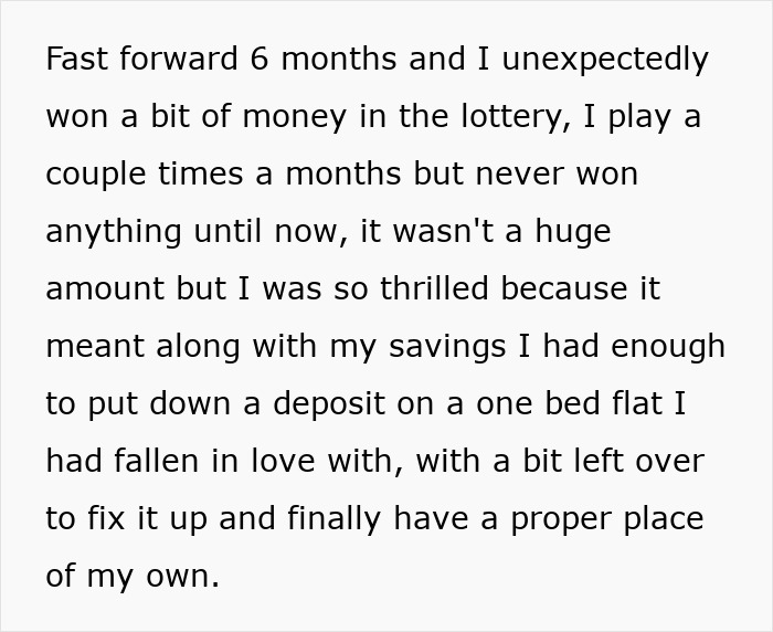 Text about a surprise lottery win, using savings for a flat deposit, feeling thrilled about the lottery winnings. Text about a surprise lottery win, using savings for a flat deposit, feeling thrilled about the lottery winnings.