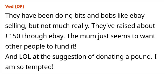 Text discussing a woman trying to fund her daughters' exotic trip through eBay selling, raising &pound;150 so far.