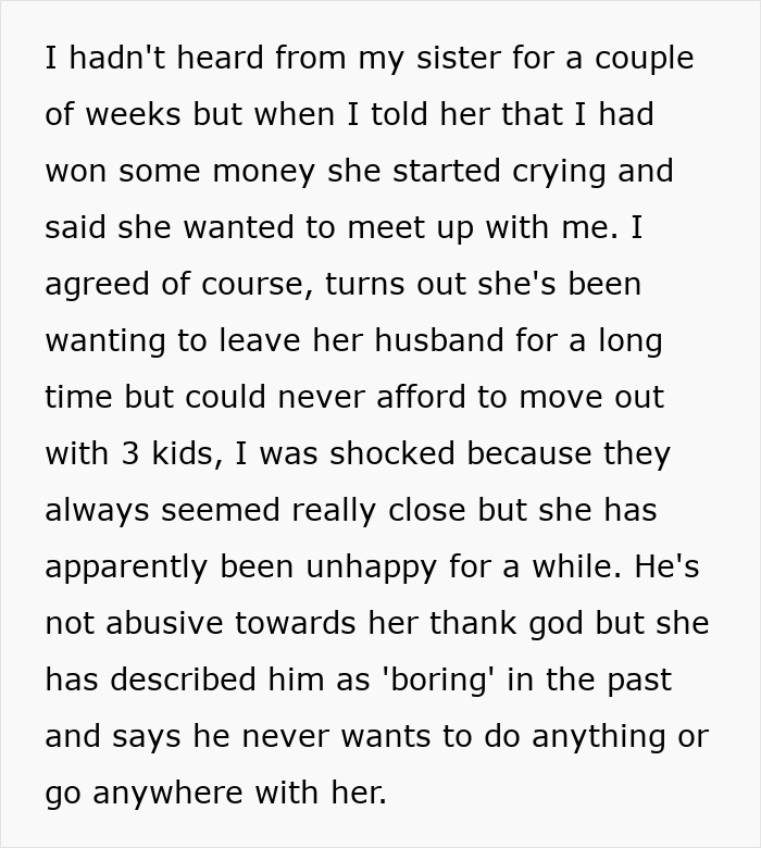 Text image discussing a sister's emotional reaction after hearing about lottery winnings, revealing marital struggles. Text image discussing a sister's emotional reaction after hearing about lottery winnings, revealing marital struggles.