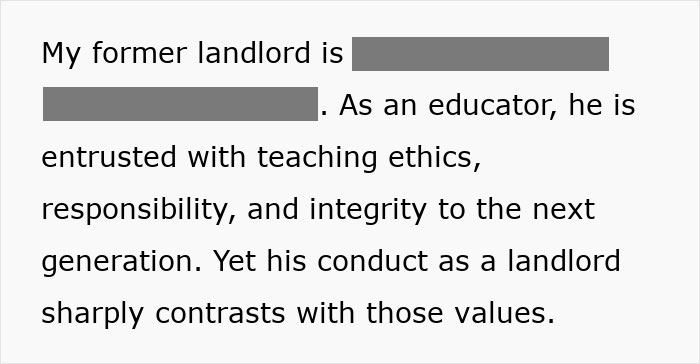 Text describing a greedy landlord's unethical behavior contrasts with his role as an educator.