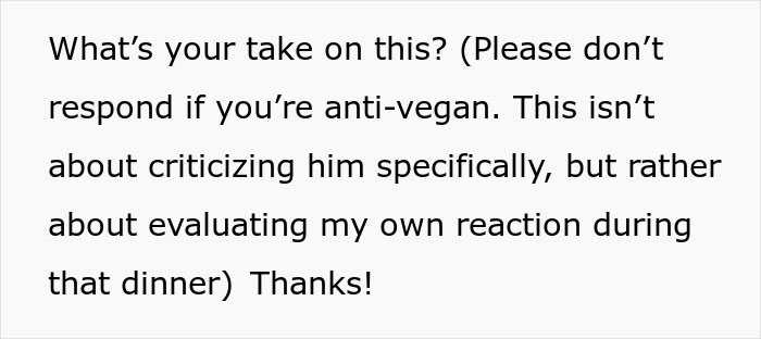 Text discussing reactions to a woman ordering a meat burger on a date with a vegan.