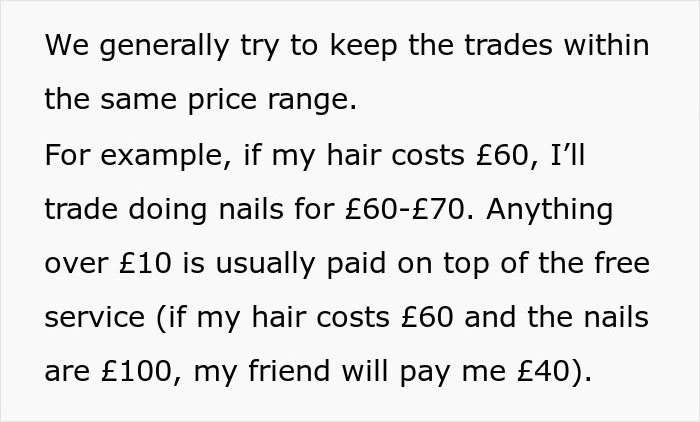 Text explaining trade price ranges for services like hair and nails from friend group. Text explaining trade price ranges for services like hair and nails from friend group.