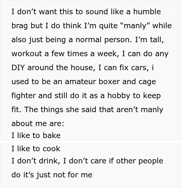Text screenshot about husband discussing hobbies like baking and listening to Taylor Swift, facing criticism from wife. Text screenshot about husband discussing hobbies like baking and listening to Taylor Swift, facing criticism from wife.