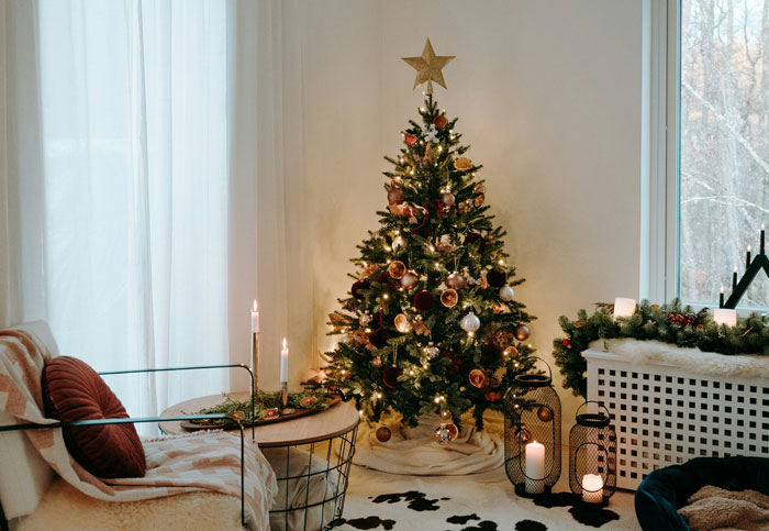 Christmas tree with lights and ornaments in a cozy living room, reflecting a thoughtful surprise setting.