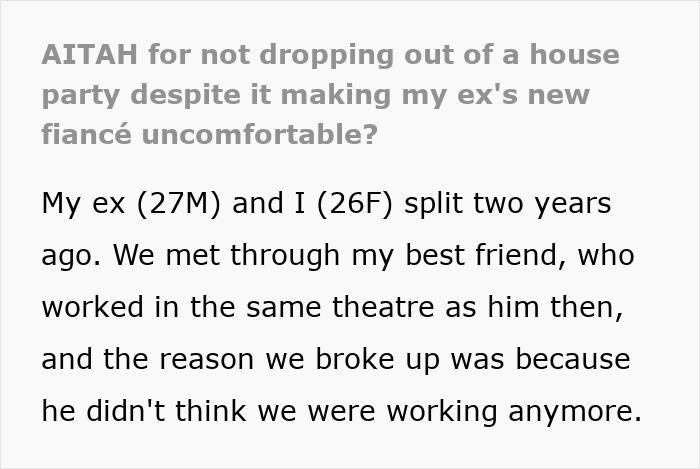 Text discussing a lady's reaction to her ex's request about a housewarming party. Text discussing a lady's reaction to her ex's request about a housewarming party.