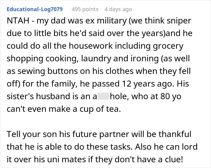 Reddit comment discussing gender roles and housework with emphasis on men's abilities.