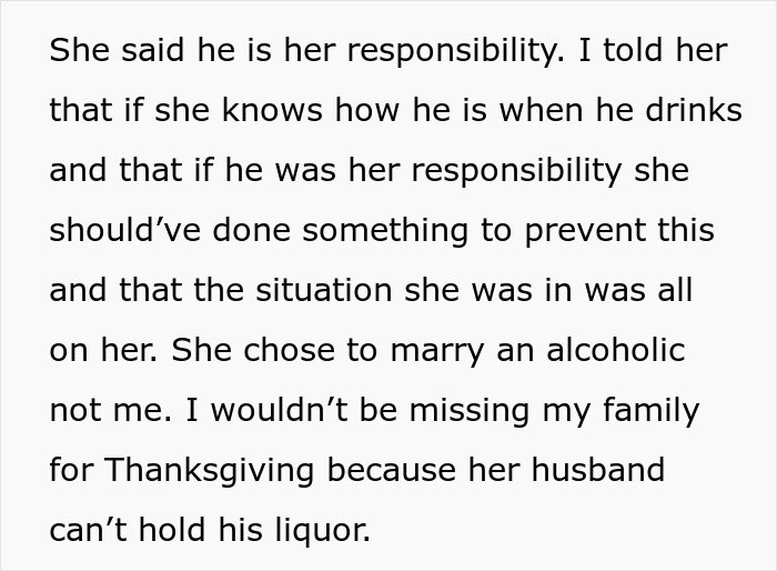 Text recounting a woman explaining her decision not to miss a flight due to her brother-in-law's drunken behavior.