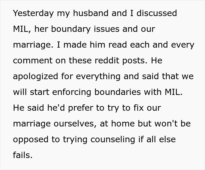 Text about discussing MIL's unannounced visits and setting boundaries in a marriage.