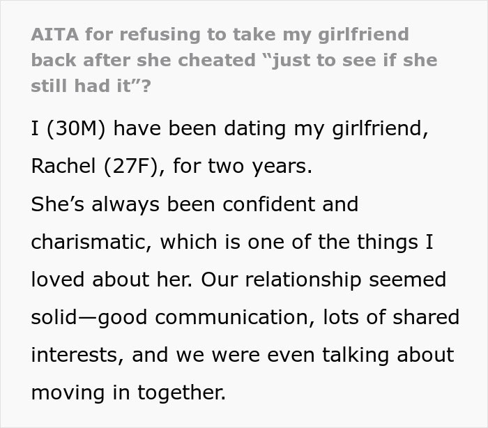 Text describes a man's dilemma about refusing to take back his cheating girlfriend.