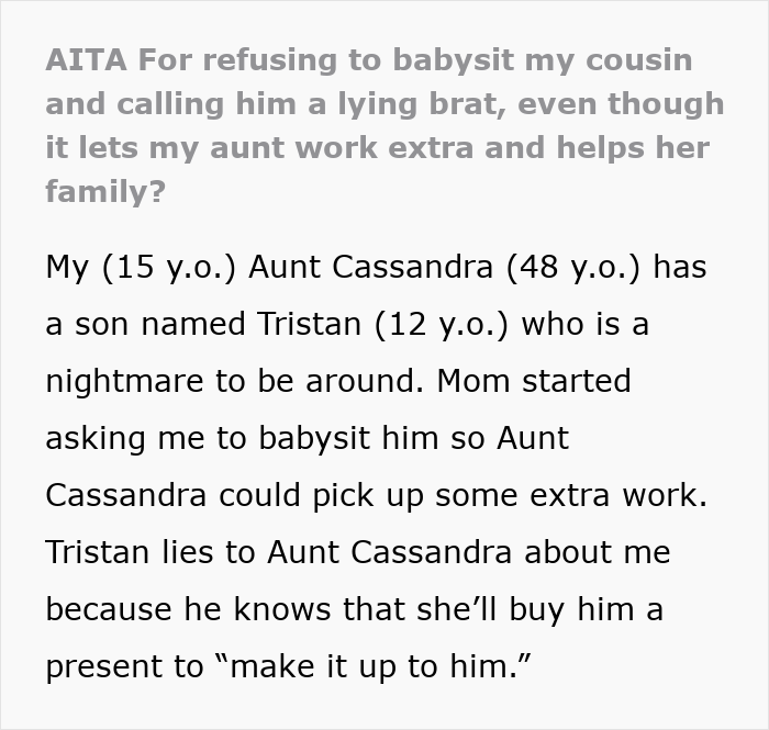 Text screenshot about a teen refusing to babysit a difficult cousin.