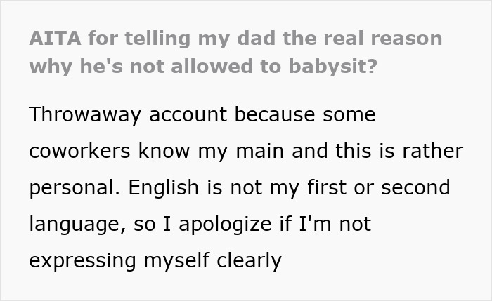 Text post about a dad and babysitting issues, discussing incompetence concerns and language barriers.