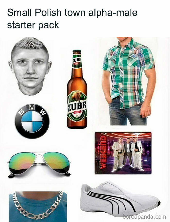 Polish memes starter pack with a plaid shirt, sunglasses, BMW logo, Zubr beer, chain necklace, and shoes.