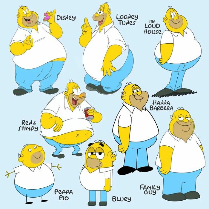 Pop culture characters reimagined in various cartoon styles, featuring a familiar figure in diverse animations.