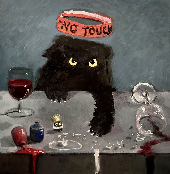 Humorous painting of a chaotic black cat with a "No Touch" ring, surrounded by spilled wine and toppled objects.